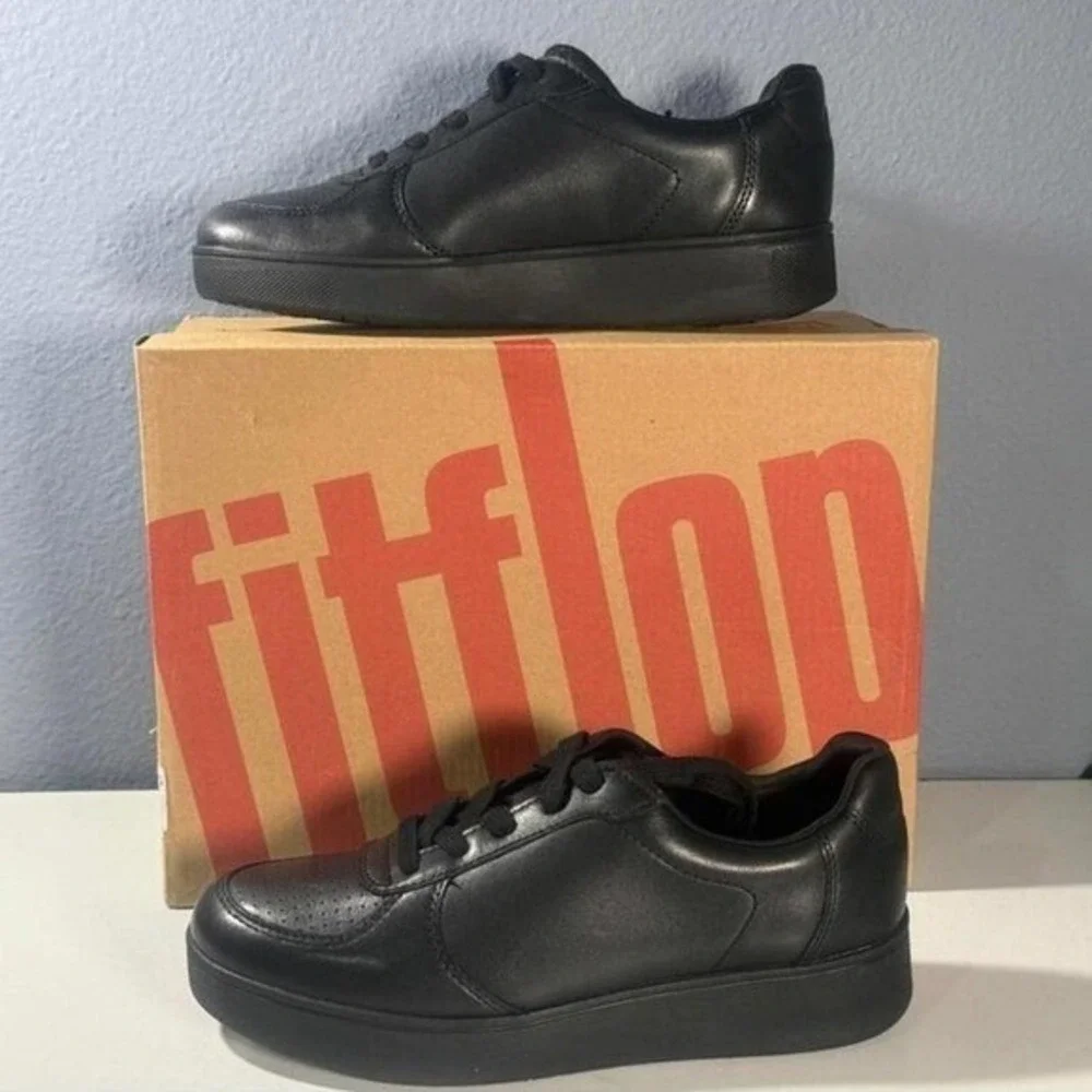 FitFlop Womens Black Leather Lace‎ Up Sneakers Comfort Shoes 5